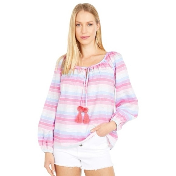 J. Crew Tops - J. Crew Pastel Metallic Striped Long Sleeve Peasant Blouse US S